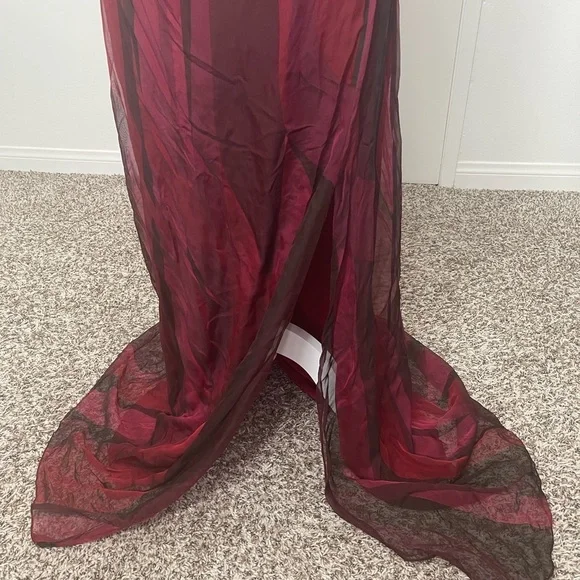 Elie Tahari 100% Silk Chiffon Red Black Spaghetti Strap Slit Front Maxi Dress 8 - Picture 4 of 10